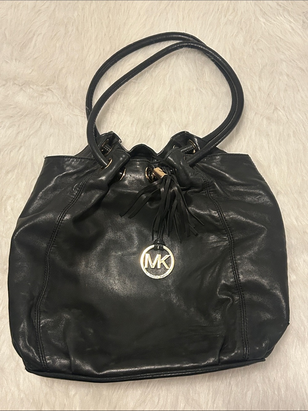 Michael Kors Black Leather Tote with Gold MK Charm